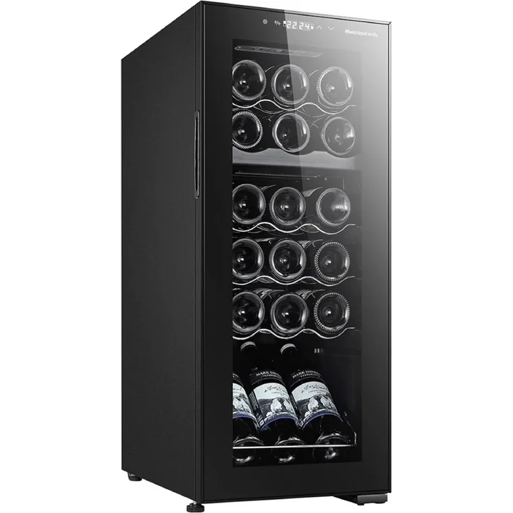 Melchioni Vermentino 18 C Dual Weinkühler, freistehend mit Kompressor für 18 Flaschen, Schwarz, doppelte Temperaturzone, LED-Beleuchtung, leise (46 dB)