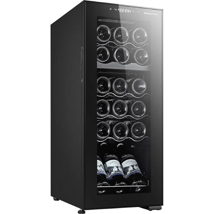 Melchioni Vermentino 18 C Dual Weinkühler, freistehend mit Kompressor für 18 Flaschen, Schwarz, doppelte Temperaturzone, LED-Beleuchtung, leise (46 dB)