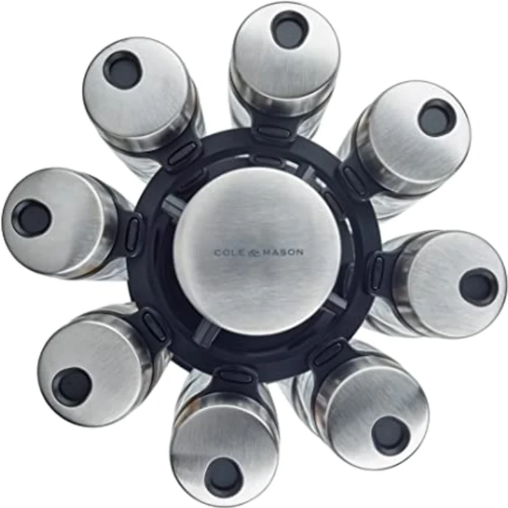 Cole & Mason H121808 Cambridge Gewürzregal mit 16 Gewürzgläsern, 360 Gewürzkarussell/Gewürzregal Stehend, Edelstahl/Glas, Gewürze/Kräuter enthalten, 2 Jahre Garantie – Bild 4