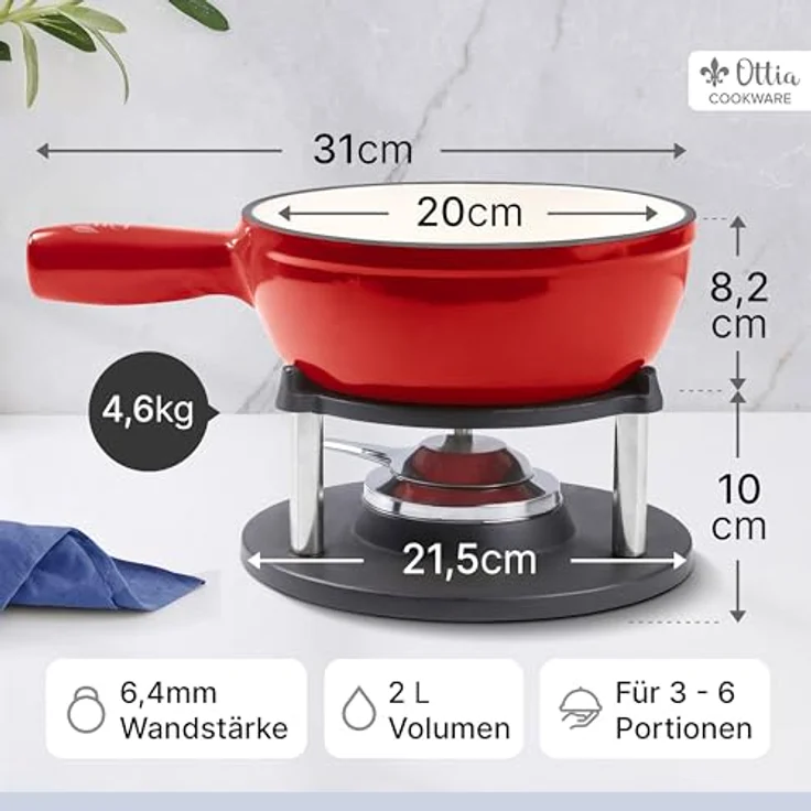 Ottia Fondue Set, Gusseisen & Emaille für 2-6 Personen, Induktionsgeeignet, mit Brenner, 6 Gabeln & Rezeptbuch, ideal für Käse-, Fleisch- & Schokofondue – Bild 2