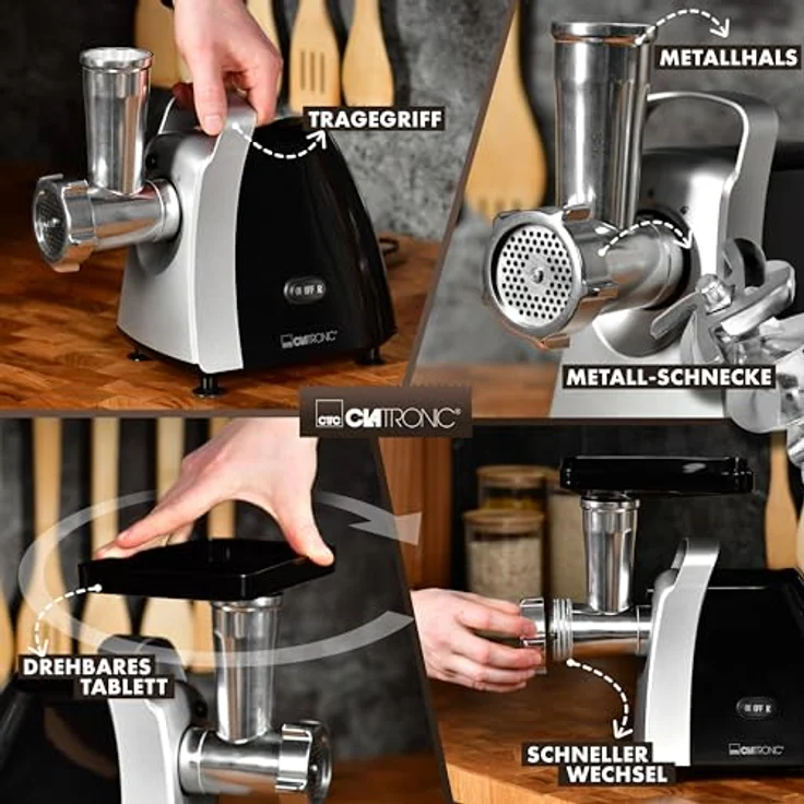 Clatronic Fleischwolf FW 3803, Vor- und Rücklauffunktion, 3 Lochscheiben - silber – Bild 6