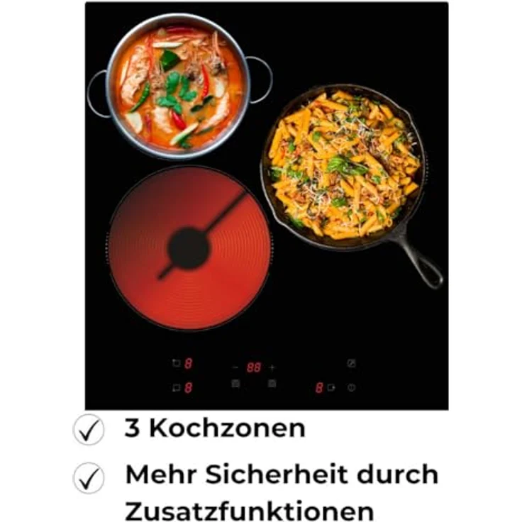 PKM Elektro-Kochfeld KF3F, 3 Kochzonen, 45 cm breit, Touch Control, Kindersicherung, 5000 Watt, Glaskeramik – Bild 3