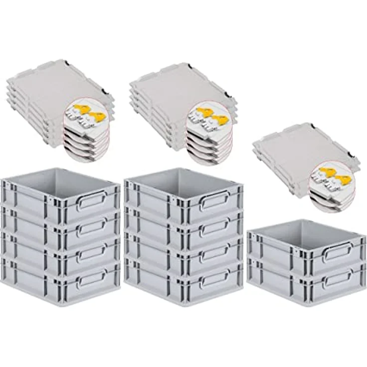PROREGAL Eurobox NextGen Grip SuperSparSet 10x, 11L, grau, mit Scharnierdeckel und gelben Schiebeschnappverschlüssen, HxBxT 12x30x40cm, lebensmittelecht – Bild 1