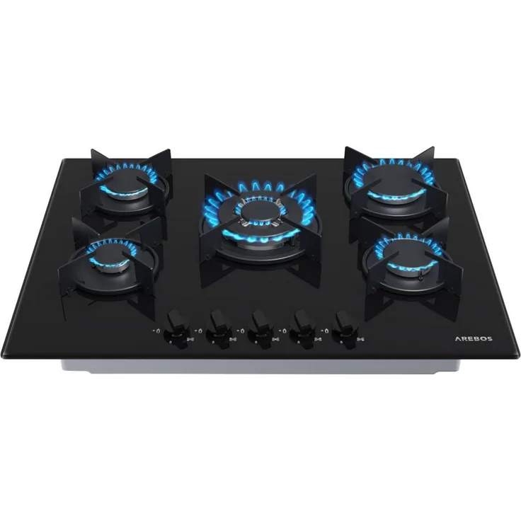 Arebos Gas-Kochfeld 5 Flammig, Glaskeramik, mit automatischem Flammenschutz, geeignet für Erdgas und Propangas, schwarz