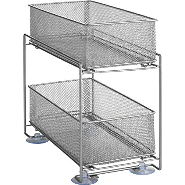 WENKO Schubladenregal Gioma, hochwertiger Organizer mit 2 Etagen und Korb-Auszug für Küchenschrank oder Arbeitsplatte, Küchenregal aus pulverbeschichtetem Metall, 35 x 33,5 x 18,5 cm, Silber-Matt