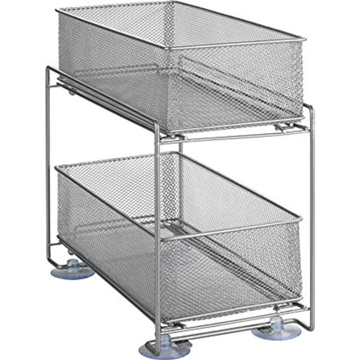 WENKO Schubladenregal Gioma, hochwertiger Organizer mit 2 Etagen und Korb-Auszug für Küchenschrank oder Arbeitsplatte, Küchenregal aus pulverbeschichtetem Metall, 35 x 33,5 x 18,5 cm, Silber-Matt – Bild 1