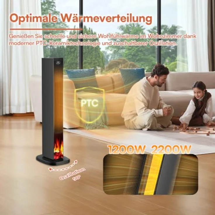 Be Cool BCLeon26 PTC-Säulen-Heizlüfter mit Kamineffekt, 2200 Watt, Schwarz, Oszillation und Fernbedienung – Bild 5