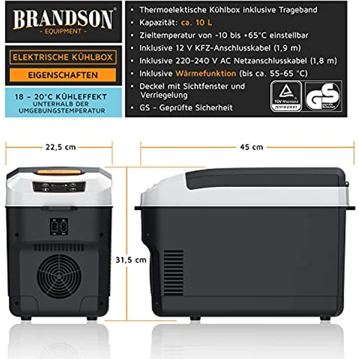 Brandson Kühlbox elektrisch 10L, 230 V und 12 V, kühlt bis 20°C unter Umgebungstemperatur, heizt bis 65°C, Cool Grey – Bild 2