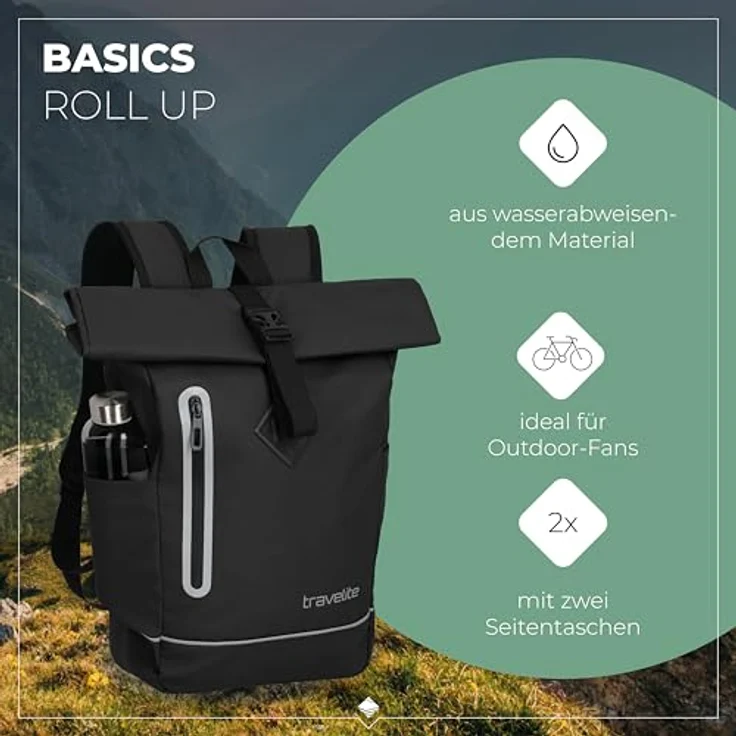 travelite BASICS Roll-Up Rucksack, wasserfestes Plane Material, atmungsaktive Rückwand, ideal für Wanderungen und Freizeit, in vielen Trendfarben erhältlich – Bild 2