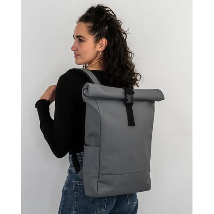Johnny Urban Cityrucksack Harvey Medium, Rolltop Damen Herren, Laptop Fach (1-tlg), Wasserabweisend, Mattes Schwarz – Bild 2