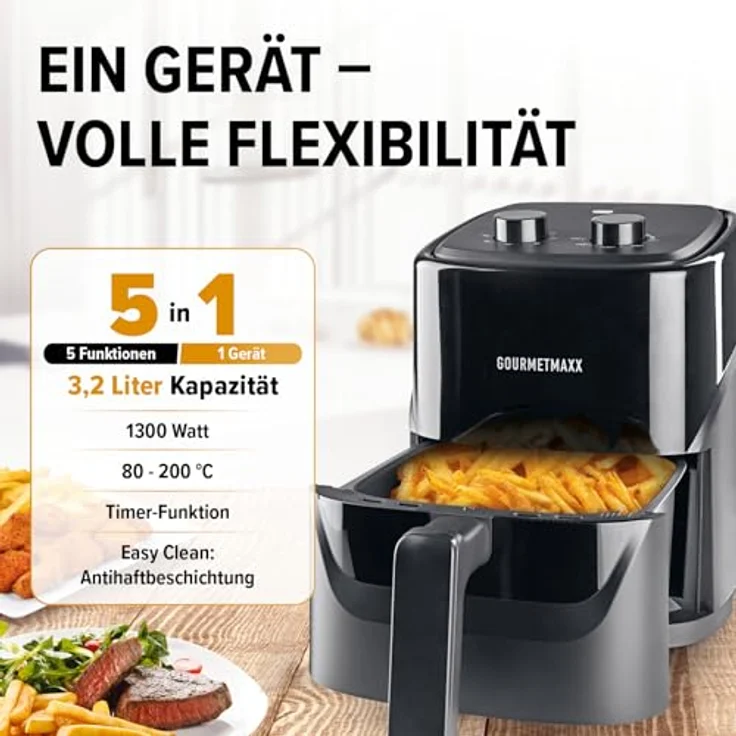GOURMETmaxx Heißluftfritteuse 3,2 L, 1300 W schwarz | Mechanisch mit Timer & Temperaturregler | Kompakt für fettfreies Frittieren, Braten & Grillen – Bild 2