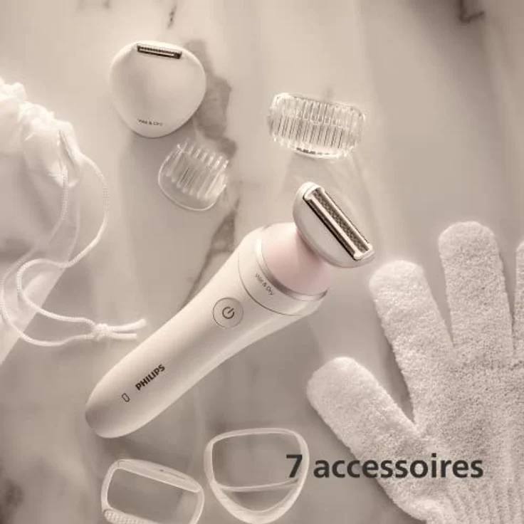 PHILIPS Lady Shaver Series 6000, Kabelloser Rasierer mit 6 Zubehörteilen Körperpeeling-Handschuh, Trimmer für die Bikinizone (Modell BRL146/00), Weiß/Rosa – Bild 5