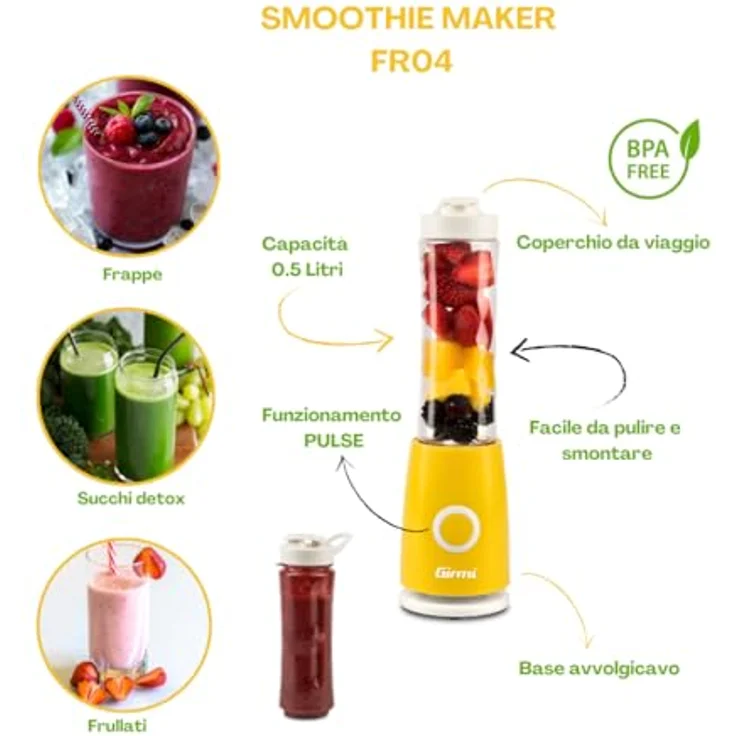 Girmi FR04 Smoothie Maker, 0,5 Liter, 260 W, 4 Edelstahlklingen, BPA-frei, Pulse-Funktion, Gelb/Weiß, mit Reiseverschlussdeckel – Bild 3
