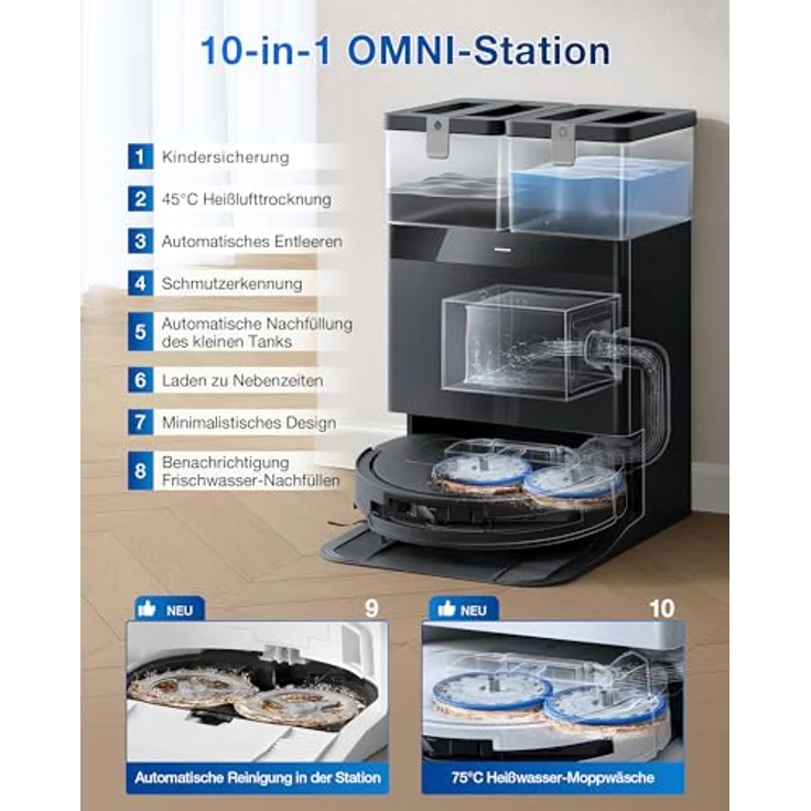 ECOVACS DEEBOT T50 OMNI Gen2, Nass-Trocken-Saugroboter mit Beutel, 21.000 Pa Saugleistung, dToF-LiDAR, Wischmopp-Reinigung mit 75 °C heißem Wasser – Bild 5