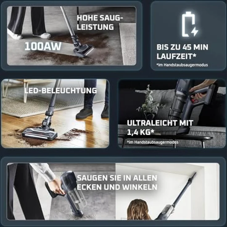 Rowenta X-Pert 6.60, Kabelloser Akkustaubsauger mit 100W Leistung, 45 Minuten Laufzeit, LED-Bürstenkopf, beutellos, inkl. Fugendüse & Wandhalterung, schwarz, RH6831EO – Bild 2