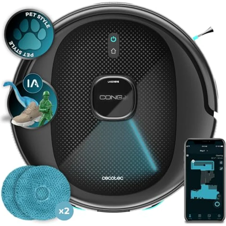 Cecotec Conga 9990 AI Spin Revolution Ultra Power, Saug- und Wischroboter mit 10.000 Pa, KI Navigation, 240 Min. Laufzeit, Silikonbürste, Schwarz – Bild 3