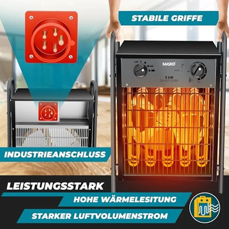 MASKO® Elektroheizer Heizlüfter 9 KW, elektrisch Heizgerät mit integriertem Thermostat, 3 Heizstufen, Anthrazit, für Innen- & Außeneinsatz – Bild 2
