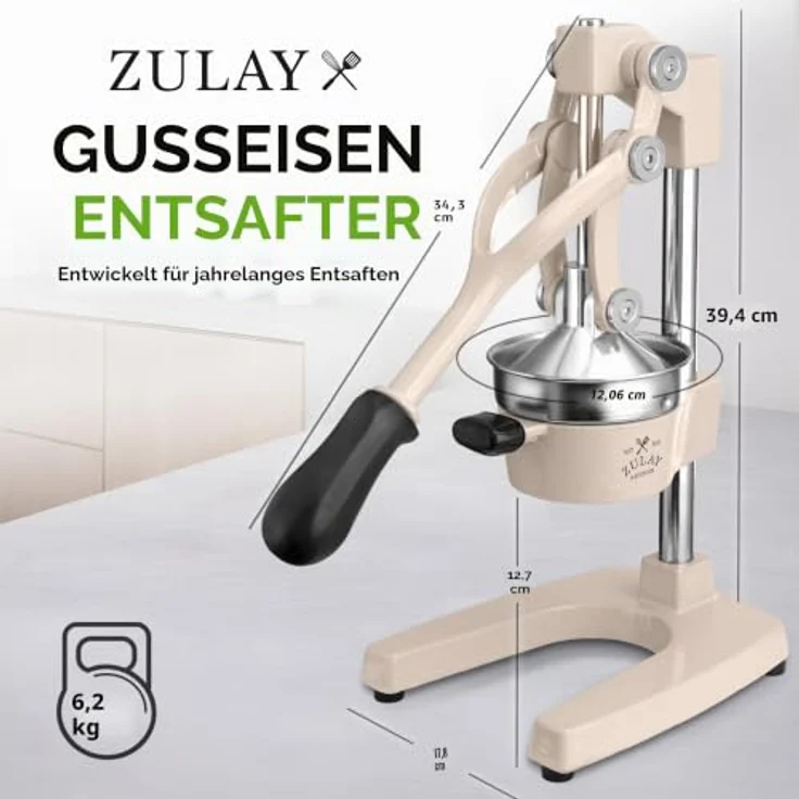 Zulay Professionelle Zitruspresse, manuelle Orangenpresse und Zitronenpresse aus Metall, Premium-Qualität, gusseiserne Konstruktion, Crème – Bild 2