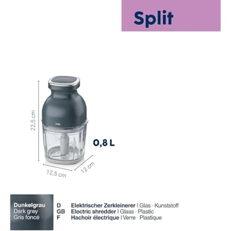 KELA Elektrischer Zerkleinerer, Glas, 0,8 l, dunkelgrau, ergonomisches Design, robustes Material, praktische Größe – Bild 3