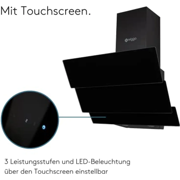 Wiggo Dunstabzugshaube 60cm kopffrei I Abluft Umluft Dunstabzug 300m³/h - LED Touch-Display 3 Stufen I Schräghaube inkl. Fettfilter & 2x Kohlefilter I Abzugshaube mit 3 teiliger Glasfront schwarz – Bild 4
