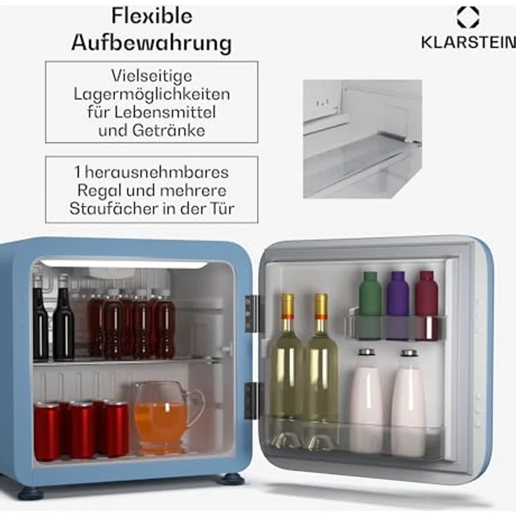 Klarstein Audrey Evo Mini Kühlschrank, 43 Liter, Retro-Design, leise (40 dB), reversible Tür, 49.5 cm hoch, blau – Bild 5