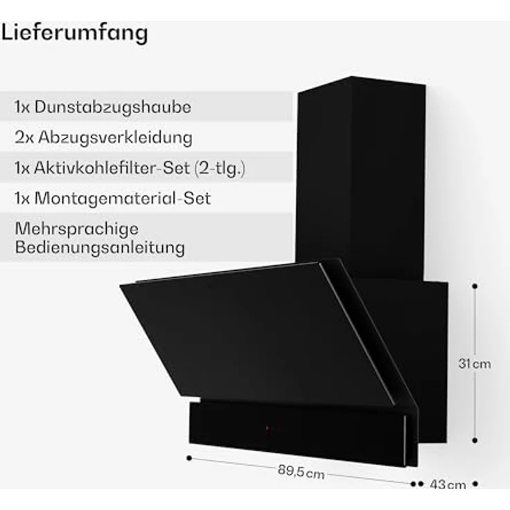 Klarstein Velaire Dunstabzugshaube 90 cm, Kopffreihaube mit 820 m³/h Boost, Energieeffizienz A++, Touch-Bedienung, LED-Beleuchtung, Aluminium- und Aktivkohlefilter, Schwarz – Bild 8