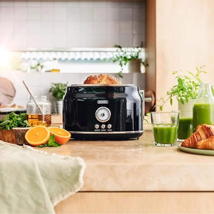 BOURGINI Retro Toaster, Schwarz, Edelstahl, 850W, Einstellbare Bräunungsstufen + Auftau-& Aufwärmfunktion – Bild 3