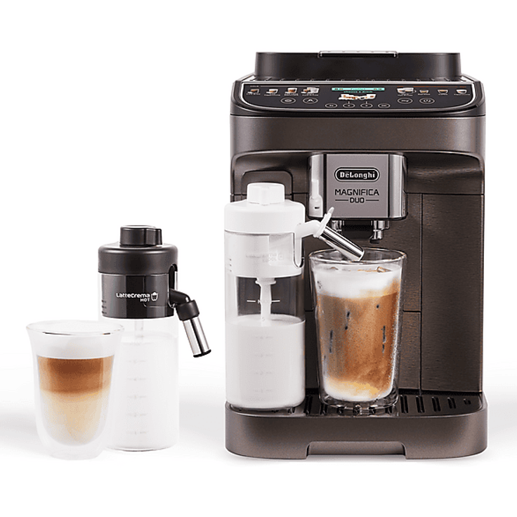 DELONGHI Magnifica Duo ECAM330.80.TXB, Kaffeevollautomat Titan mit 20 Kaffeerezepten, Cold Brew, 2 LatteCrema Karaffen, 2.4 Zoll Farb-TFT-Display