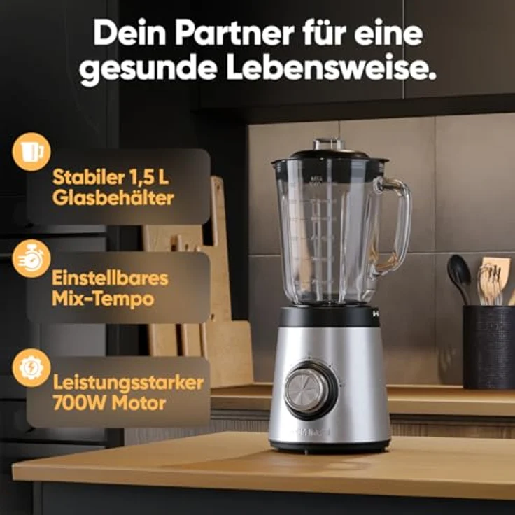 Clatronic® UM 3829 Standmixer 700W, 1,5L Glasbehälter, BPA-frei, 4-fach Edelstahl-Messer, Ice-Crush Funktion, 3 Stufen, Turbo-Funktion, Deckel mit Nachfüllöffnung – Bild 2