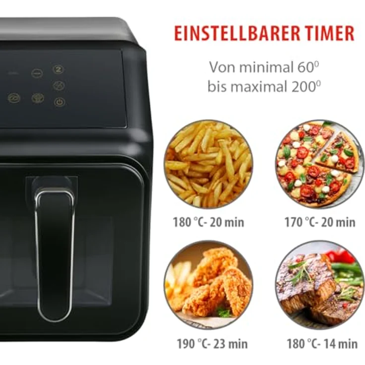 alpina Doppel-Heißluftfritteuse 871125227219, 2 Kammern 8L mit Digitaldisplay, 8 Kochprogrammen und Sichtfenstern, Schwarz – Bild 4