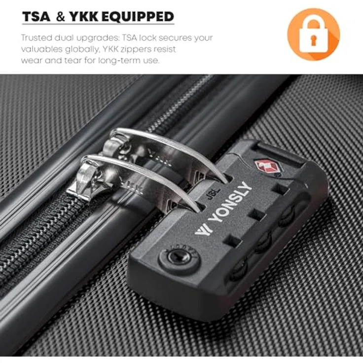 YONSLY Premium Reisekoffer XL, Hartschalen-Koffer mit TSA-Schloss, YKK-Reißverschluss, 4 leise 360° Rollen, schwarz – Bild 3