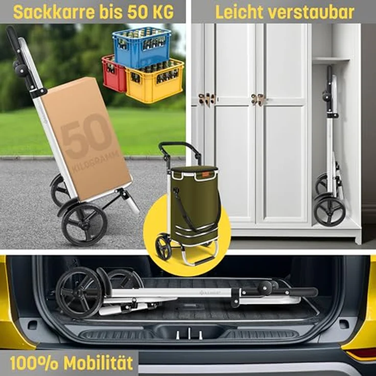 KESSER® Einkaufstrolley klappbar 56L, belastbar bis 50kg, 3in1 Trolley mit Kühlfach, Treppensteiger, Umhängetasche, Khaki – Bild 3