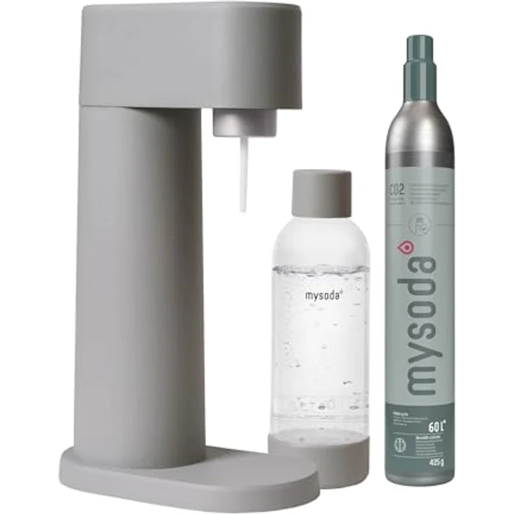 Mysoda Woody Set, Wassersprudler aus erneuerbarem Holzkomposit mit 1L Quick-Lock BPA-freier Plastikflasche und CO2-Zylinder, grau