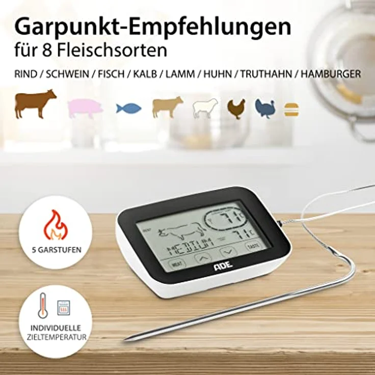 ADE BBQ 1408 Funk-Bratenthermometer. Digitales Grill-Thermometer mit Touch-Display, Funkempfänger, Messgabel aus Edelstahl. Elektronisches Ofenthermometer für den perfekten Garpunkt. Inkl. Batterien – Bild 3