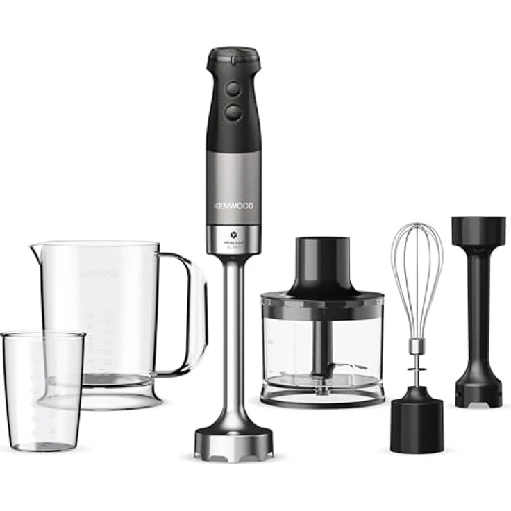Kenwood Triblade XL Pro Stabmixer HBM80.322BK, 1200W, variable Geschwindigkeiten, Edelstahl Pürierfuß, umfangreiches Zubehörset mit 700 & 250 ml Bechern, 500 ml Zerkleinerer, Schneebesen und Emulgieraufsatz, spülmaschinenfeste Teile – Bild 1