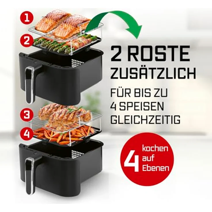 GOURMETmaxx FryUp Vertikale Doppelkammer Heißluftfritteuse 10 Liter | 4 Speisen auf 4 Ebenen | klappbares Touchdisplay | 32% platzsparender | Schwarz – Bild 3
