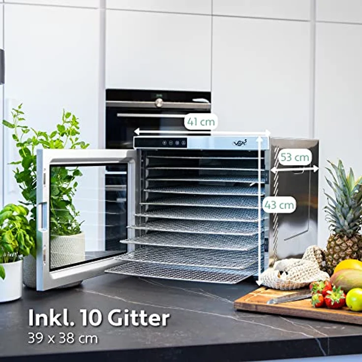Dörrautomat Edelstahl - Dörrgerät mit Temperaturregler (35-75°C) zum Trocknen von Obst, Pilzen und Fleisch - Dürrautomaten 1000W mit 24H Timer-Funktion - Dehydrator Food Vita5 (10 Etagen) – Bild 5