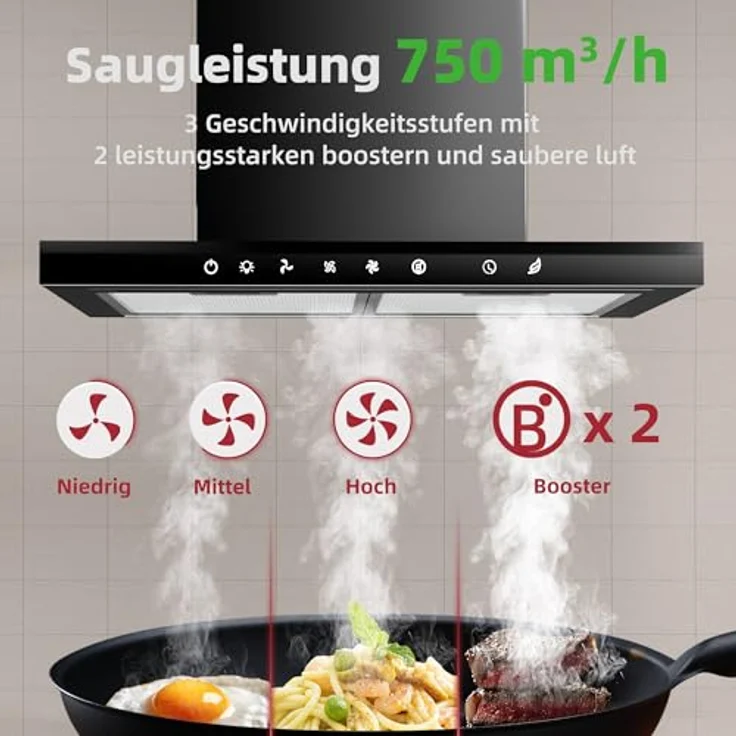 LEVIVO Dunstabzugshaube 60cm A+++ Umluft & Abluft, 750 m³/h, 3 Stufen & Booster, 2 Aktivkohlefilter, Edelstahl – Bild 2