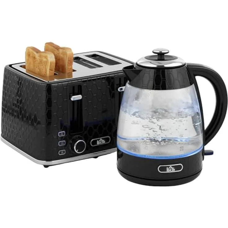 HOMCOM Wasserkocher- und Toaster-Set, 2200W Wasserkocher (1,7L) und 4-Scheiben-Toaster mit 7 Bräunungsstufen, Schwarz mit Silber