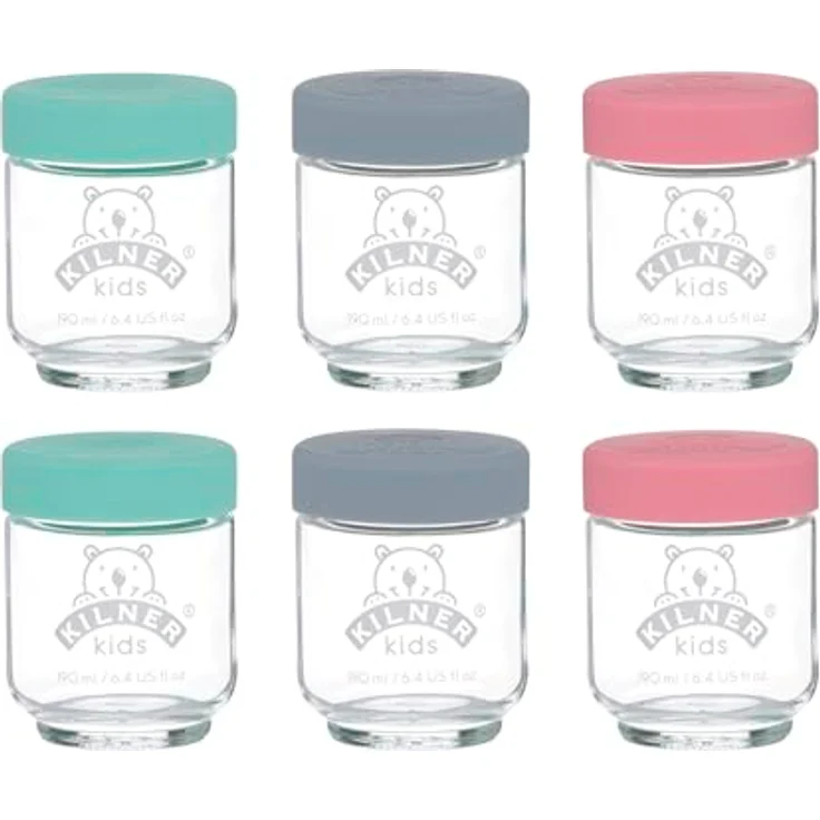Kilner Babygläser Set, 6tlg. 190 ml, schadstofffreie Babybrei Behälter mit Silikondeckeln in 3 Farben, ideal zum Aufbewahren, Einfrieren und Servieren von hausgemachter Babynahrung – Bild 1