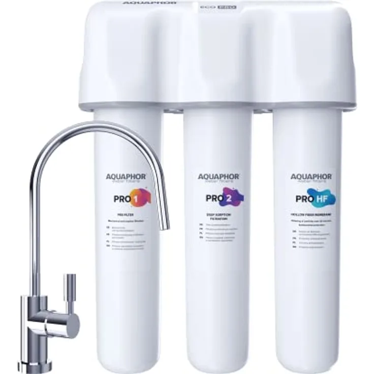 Aquintos Wasseraufbereitung AQUAPHOR ECO PRO TRIO Aktivkohle Trinkwasserfilter mit Ultrafiltration 0,1 Mikrometer, Keimsperre, 8000 Liter Filterlebensdauer - Kunststoffgehäuse, Made in EU