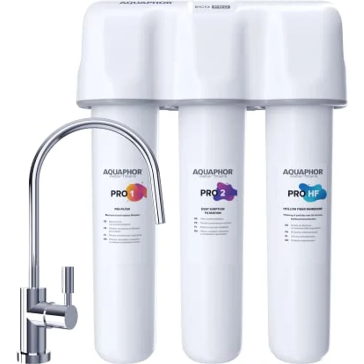 Aquintos Wasseraufbereitung AQUAPHOR ECO PRO TRIO Aktivkohle Trinkwasserfilter mit Ultrafiltration 0,1 Mikrometer, Keimsperre, 8000 Liter Filterlebensdauer - Kunststoffgehäuse, Made in EU – Bild 1