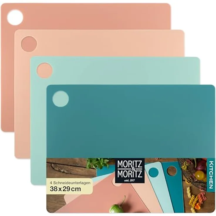 Moritz & Moritz 4x Flexibles Schneidebrett Kunststoff Dünn - Schneidebretter je 38 x 29 cm - Schneidematte - Schneidebrett Flexibel - Für sicheres Schneiden mit Grifföffnung (Bunt)