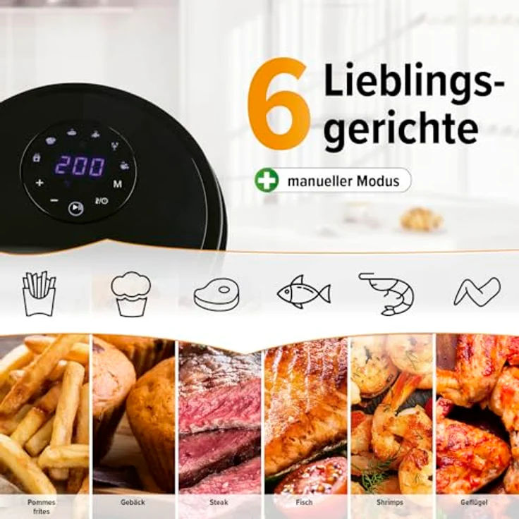 GOURMETmaxx Heißluftfritteuse, 1400 W, 3 Liter, ohne Fett, bis 200 °C, Timer, 6 Programme, Kunststoff, schwarz – Bild 3