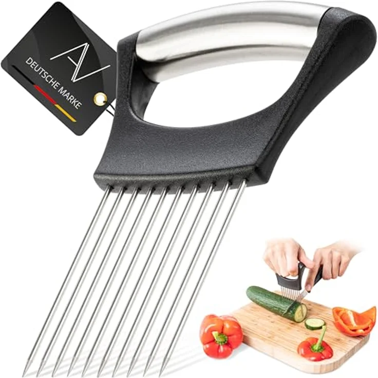 AVANA Edelstahl Zwiebelhalter, praktische Schneidehilfe für Zwiebeln, Tomaten und Gemüse, rutschfest und spülmaschinenfest – Bild 1