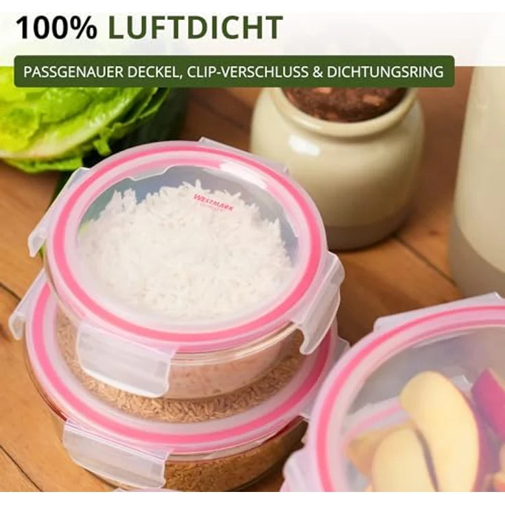 Westmark Glas-Frischhaltedose 650 ml, rund, luftdicht, BPA-frei, mit rotem Dichtungsring, spülmaschinenfest – Bild 7