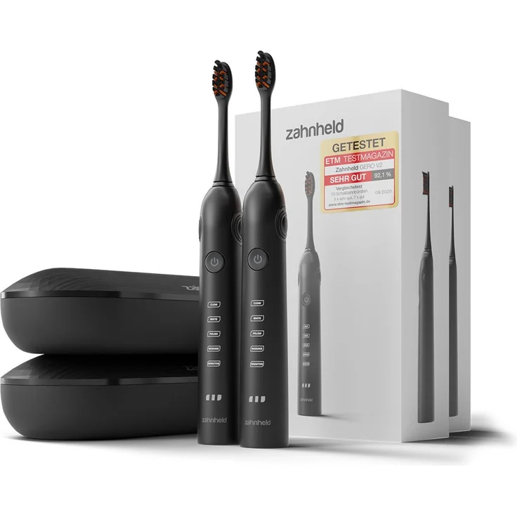 Zahnheld Elektrische Zahnbürste 2x Schallzahnbürsten Gero Doppelpack mit Bürstenköpfen Basic Medium, 2 Schallzahnbürsten schwarz + Reise Etiu