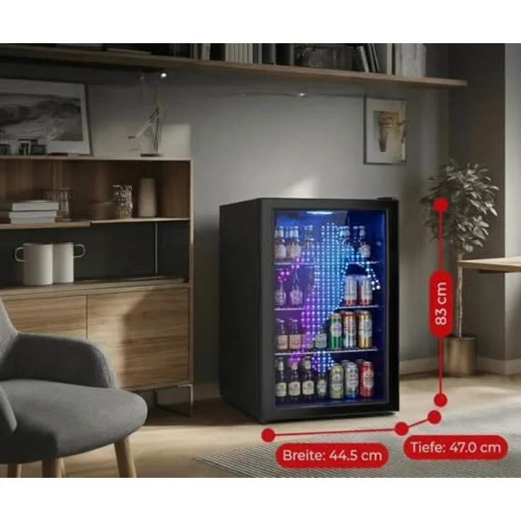 PKM GKS83FC1 Flaschenkühlschrank, 89 Liter, Touch Control, Umluft-Kühlung, blaue LED-Beleuchtung, Schwarz – Bild 7