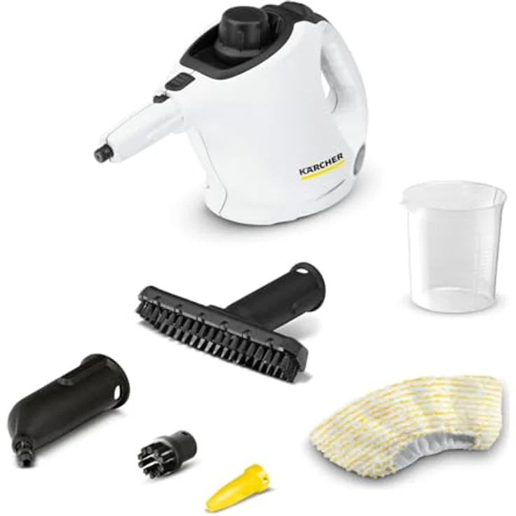 Kärcher Dampfreiniger SC 1, Dampfdruck: 3 bar, Aufheizzeit: 3 min., Leistung: 1.200 W, Flächenleistung: 20 m², Tank: 200 ml, mit Hand-, Punktstrahl- und Powerdüse, Mikrofaser-Überzug und Rundbürste – Bild 1