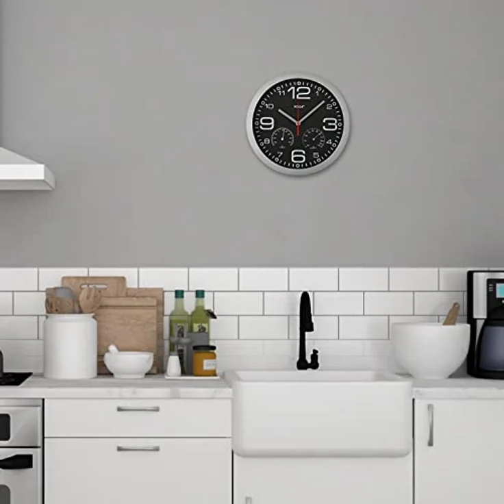 Versa Pamuk Wanduhr - Leiser und dekorativer, für die Küche oder das Wohnzimmer mit Hygrometer und Thermometer, Maßnahmen (H x L x B) 30 x 4,1 x 30 cm, Aluminium und Glas, Farbe: Silber und Schwarz – Bild 2